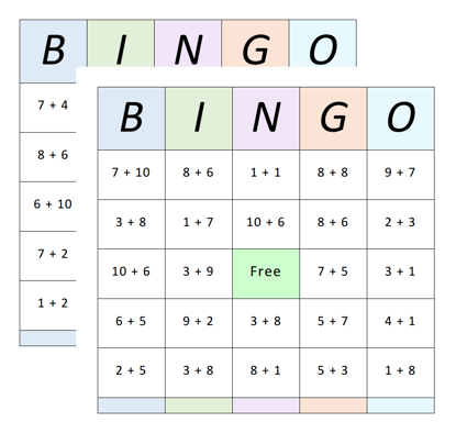 Bingo Cards - Addition - 1 to 10