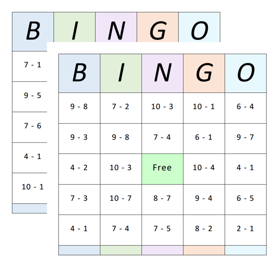 Bingo Cards - Subtraction - 1 to 10